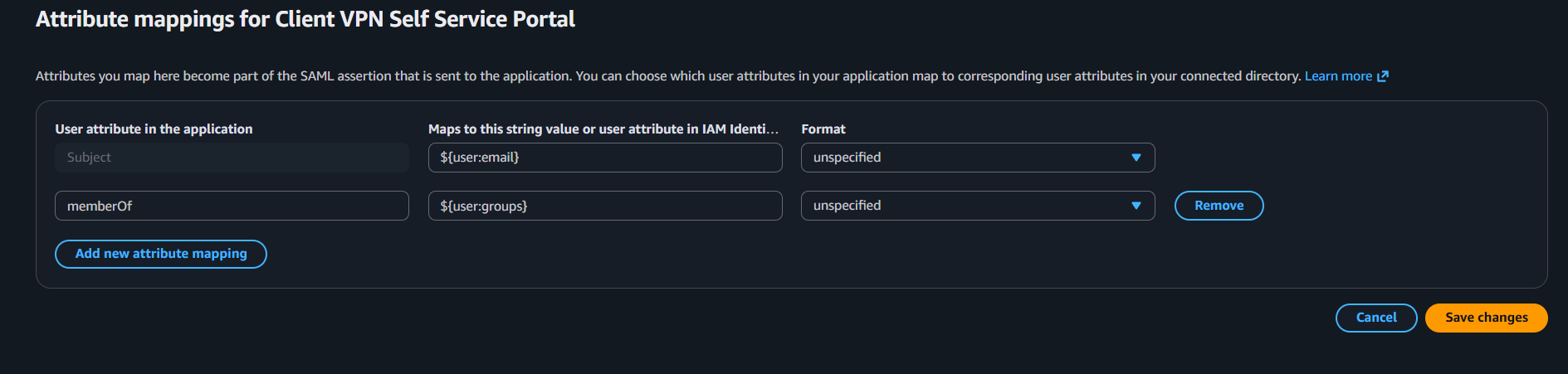 Self Service Attribute Mapping Values